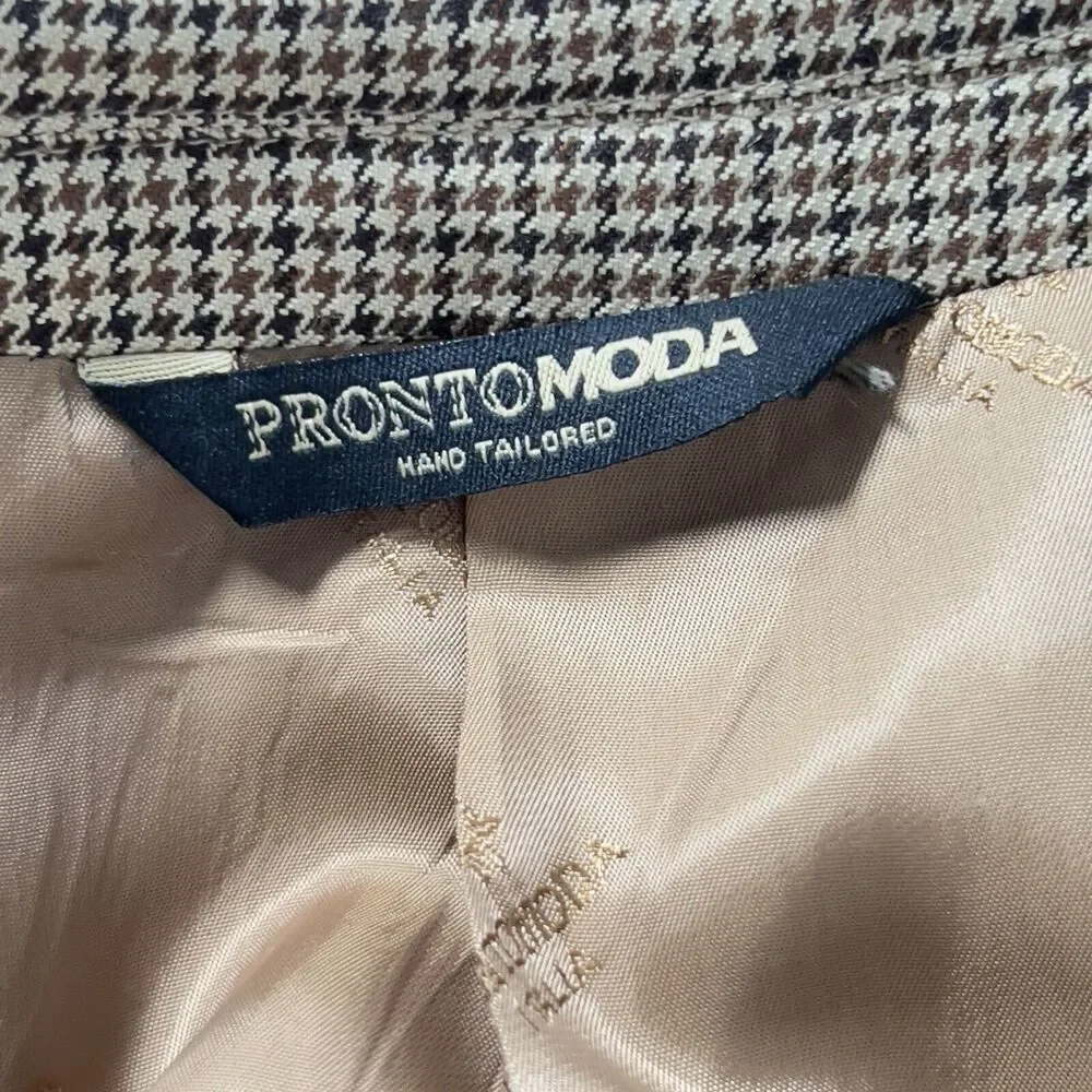 Pronto Moda Italia Cashmere Silk Wool‎ Blazer Mens Sz 46R Houndstooth Brown
